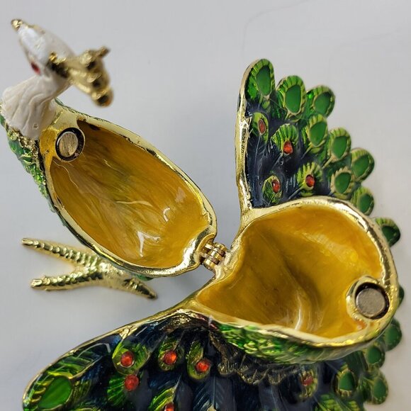 Peacock Decorative Box Trinket Jewelry Box Hinged Jeweled Gold Enamel Painted - Picture 4 of 13